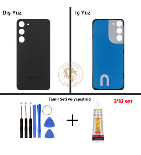 Samsung Galaxy S23 Plus Siyah Renk Arka Kapak + Tamir Seti + B7000 Yapıştırıcı Arka Cam Batarya Kapağı Pil Kapağı Lazer Kesim Back Cover Galaxy S23 Plus Uyumlu