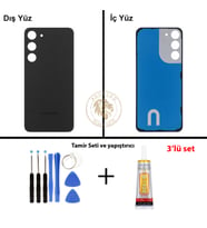 Samsung Galaxy S23 Plus Siyah Renk Arka Kapak + Tamir Seti + B7000 Yapıştırıcı Arka Cam Batarya Kapağı Pil Kapağı Lazer Kesim Back Cover Galaxy S23 Plus Uyumlu