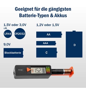 Dostmann Pil test cihazı BatteryCheck, 98.1126.01, piller ve aküler için (AAA,AA,C, D), düğme pil, blok pil, şarj durumu/Volt göstergesi, kolay ve hızlı, siyah