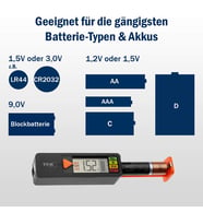 Dostmann Pil test cihazı BatteryCheck, 98.1126.01, piller ve aküler için (AAA,AA,C, D), düğme pil, blok pil, şarj durumu/Volt göstergesi, kolay ve hızlı, siyah