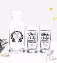BK Gift Kişiye Özel Renkli Baskılı Kafamız Da Güzel Tasarımlı İkili Rakı Bardağı ve Karaf Hediye Seti-1 (Model 1)