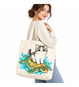 Kedi ve Deniz Kaplumbağası Baskılı Kanvas Çanta 35x40 cm – 260 Gr