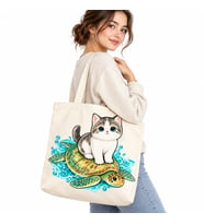 Kedi ve Deniz Kaplumbağası Baskılı Kanvas Çanta 35x40 cm – 260 Gr