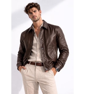 Erkek Beli Lastikli İç Cepli Suni Deri Bomber Oversize Ceket (Kahverengi)