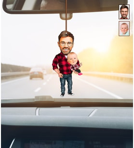 Kişiye Özel Karikatürlü Baba-Oğul Ahşap Araba Dikiz Ayna Süsü