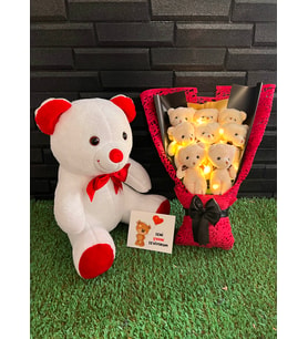 Sevgiliye Romantik Hediye 35cm Ayıcık ve 8 Ayıcıklı Işıklı Ayıcık Buketi