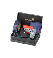 Polo Air Erkek Kol Saati Cüzdan Kartlık Kemer Parfüm Hediyelik Kutusunda Gümüş Lacivert Set PL-7043E2 (Gümüş-Lacivert)