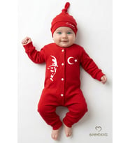 2’li Bebek Tulum Seti, İlk 23 Nisan Bayramı Atatürk Baskılı Yenidoğan Bebek Tulum Şapka Set Unisex (Kırmızı)
