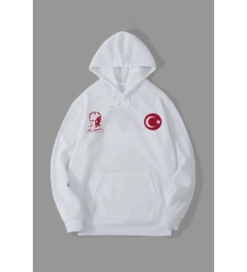 10 Kasıma Özel Üç İplik Kapşonlu Baskılı SweatShirt - Beyaz
