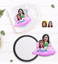 BK Gift Kişiye Özel Anne Kız Karikatürlü Beyaz Kupa ve Ahşap Bardak Altlığı Hediye Seti-3
