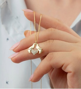 Saklı Takı 925 Ayar Gold Çifte Kumru Kalpli Gümüş Kolye