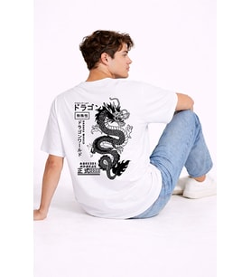 Oversize Erkek Tişört Arkası Baskılı Dragon Japon Style Streetwear Beyaz Grafik