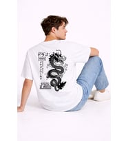 Oversize Erkek Tişört Arkası Baskılı Dragon Japon Style Streetwear Beyaz Grafik