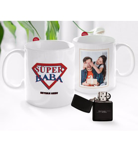 BK Gift Kişiye Özel Babalar Günü Hediyesi Fotoğraflı Kupa Bardak ve Benzinli Çakmak Seti-72 (Model 1)