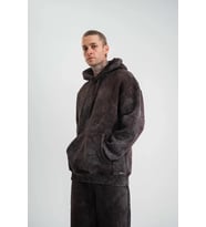 Unisex Double Oversize Kapşonlu Yıkamalı SweatShirt - Kahve