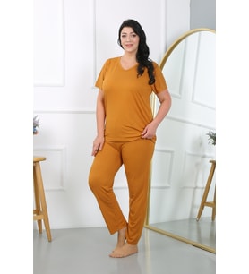 Akbeniz Kadın Büyük Beden  Kısa Kol Penye Pijama Takımı Hardal 202405