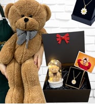 Büyük Boy Kahverengi Peluş Ayıcık ve Kolyeli Fotoğraflı Hediye Kutusu - Premium Set (Model 1)