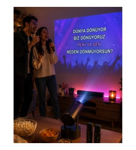1080P Karaoke Projeksiyon Cihazı – Çift Kablosuz Mikrofon, WiFi Bluetooth, 180° Döner Başlık
