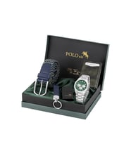 Polo Air Erkek Kol Saati Otomatik Cüzdan Esnek Kemer Anahtarlık Çakmak Gümüş Yeşil Lacivert Renk PL-7053E3 (Yeşil Gümüş)