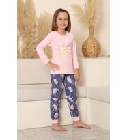 Kız Çocuk %100 Pamuk İnterlok Kumaş Pijama Takımı 6-15 Yaş 12421 MODANINO (Pembe)