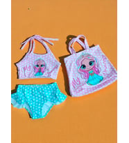 Kız Çocuk karakter Baskılı Eteği Fırfırlı- ip bağlamalı ÇANTA Mayo Bikini 3 lü Takım (Pembe - Beyaz - Sarı - Yeşil)