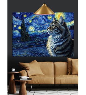 Kedi Portresi, Van Gogh Stili Dekoratif Kanvas - Mdf Ahşap Tablo
