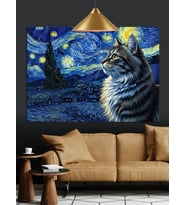 Kedi Portresi, Van Gogh Stili Dekoratif Kanvas - Mdf Ahşap Tablo