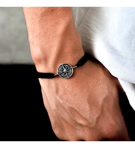 Gümüş Pusula Bileklik 925 Ayar Gümüş Pusula Figürlü İp Örgü Unisex Bileklik (Siyah)