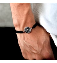 Gümüş Pusula Bileklik 925 Ayar Gümüş Pusula Figürlü İp Örgü Unisex Bileklik (Siyah)