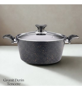 ARZU ÇELİK 24 Cm Granit Derin Tencere Cam Kapak - Siyah
