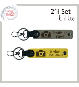 Stüdyoya Renk Katacak Hediye, İsme Özel Kamera Motifli Anahtarlık Takımı, Kül Gri-Sarı