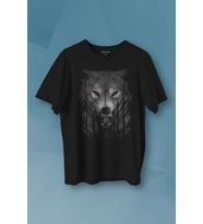 Gece Vahşi Ormada Bozkurt Bordo Maviz Gözlü Kurt Wolf Gri Baskılı Tişört Unisex  (Siyah)