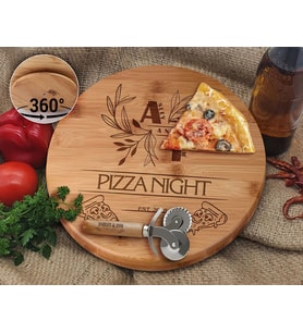 BK Gift Kişiye Özel İsimli Tarihli Bambu Ahşap Döner Tablalı Pizza Tahtası-4, Pizza Kesme Tahtası Seti, Şarküteri Tahtası, Servis Tepsisi, Ahşap Tabak, Eve Taşınma Hediyesi