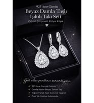 925 Ayar Damgalı Gümüş Kaplama  Beyaz Damla Taşlı Işıltılı Takı Seti – Zirkon Çerçeveli Kolye Küpe