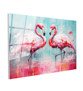 Tamperli Gerçek Cam Tablo Yağlı Boya Dokulu Sanatsal Flamingo Tablosu Duvar Dekoru