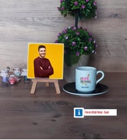 Drama Öğretmeni Fotoğraflı Dekoratif Taş, Ahşap Altlıklı Türk Kahvesi Fincanı Hediye (Model 7)