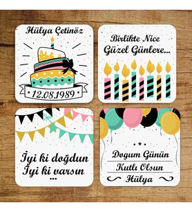 Kişiye Özel İyi ki Doğdun 4'lü Bardak Altlığı Seti