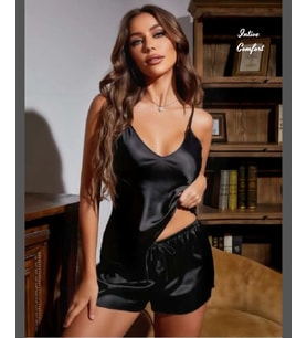 Intive Comfort Siyah Saten Danteli Detaylı Mini Büstiyer Şort Takım-Pijama Takımı