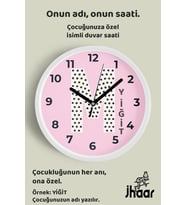 İsme Özel M Harfli Pembe Çocuk Odası Duvar Saati Orta Boy 30 cm Beyaz Camlı Sessiz