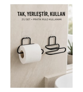 Mey İthalat® 2’li Duvara Yapışkanlı Tuvalet Kağıtlığı Siyah Metal Pratik Rulo Tutucu