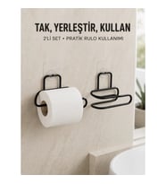 Mey İthalat® 2’li Duvara Yapışkanlı Tuvalet Kağıtlığı Siyah Metal Pratik Rulo Tutucu