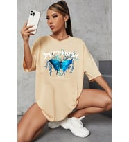 Unisex Blue Butterfly Baskılı T-shirt (Bej)