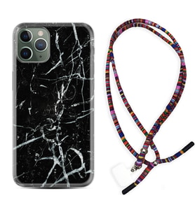 Apple iPhone 11 12 13 14 Pro Max Kılıf Boyun Asklı Rasta Silikon Black Marble 3 1382