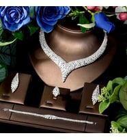 Hermosa Zirkon Taşlı Takı Seti Kolye Küpe Bileklik Yüzük Set Düğün Nişan Seti (Silver)