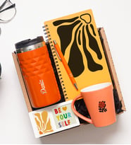 Kişiye Özel Hediye Seti –Turuncu Çelik Kupa 300 ml, Latte Bardak, Defter, Kalem, Fotoğraf Çerçevesi