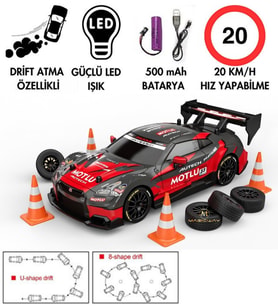 Şarjlı Işıklı Drift Drift Için Üretilmiş Araba 2.4Ghz Uzaktan Kumandalı Değiştirilebilir Drift Lastikleri Yarış Arabası (Kırmızı)