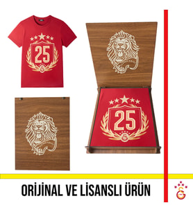 Galatasaray Lisanslı 2025 Şampiyonluk Kırmızı Özel Yetişkin T-Shirt Hediye Aslan Ahşap Kutulu