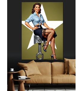 Taburedeki Pin-Up Kızı Yıldız Fonlu Dekoratif Kanvas - Mdf Ahşap Tablo