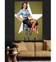 Taburedeki Pin-Up Kızı Yıldız Fonlu Dekoratif Kanvas - Mdf Ahşap Tablo