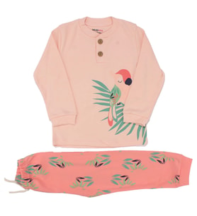 Kız Çocuk Pembe Papağan Baskılı 2'li Pijama Takımı